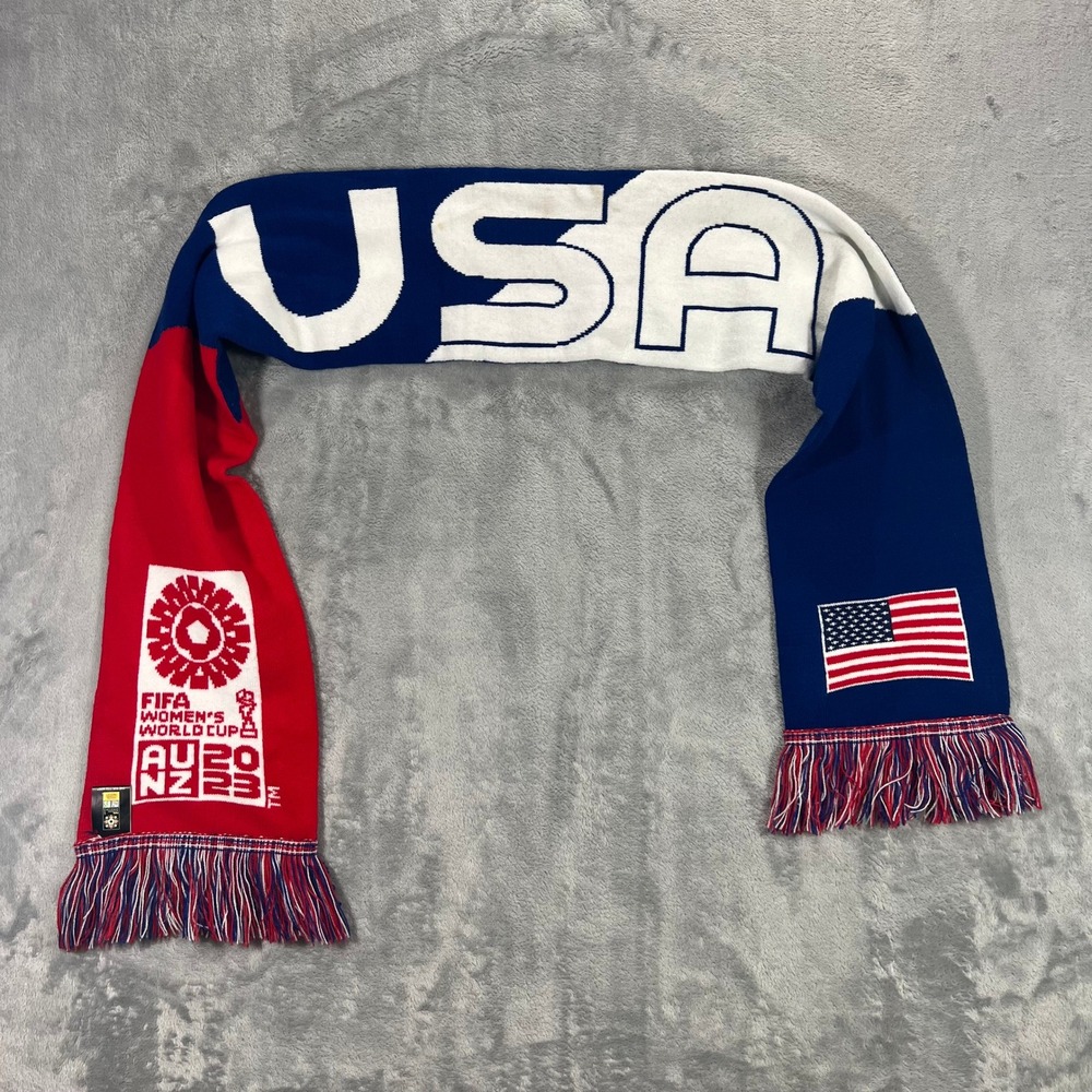 FIFA Scarf USA World Cup 2023 OS Red White Blue Knit Fringe Logo‎